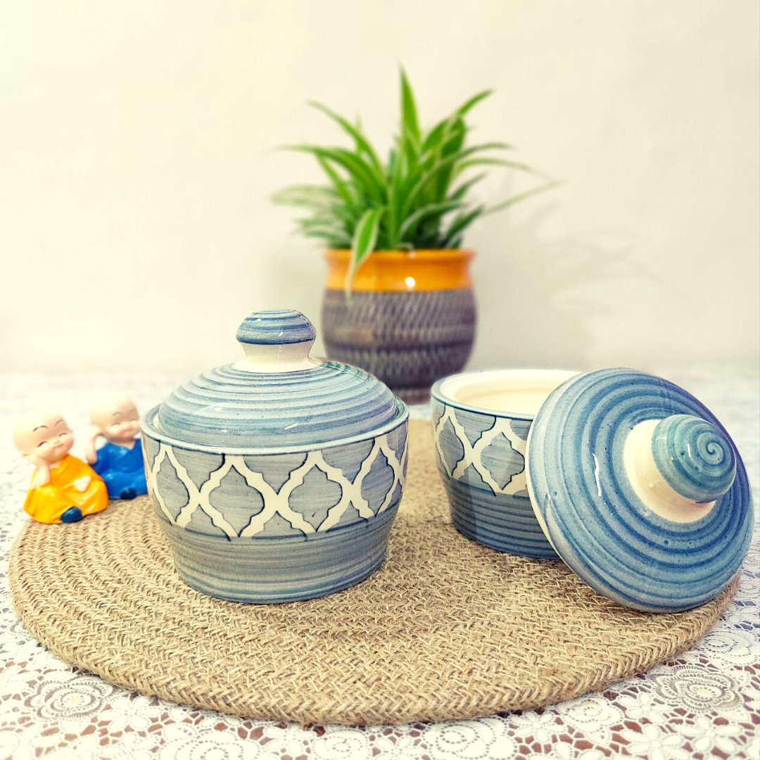 Homefrills Handpainted Multi-Utility Storage Ceramic Jars & Containers with Lid Ceramic Jars for Kitchen& Dining Table Storage Snacks /butter Jars Set of 2(2 jars with Lid ) Colour-Grey